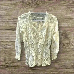 Lace Boho Ivory Floral Women’s Long Sleeve Top Ruffle Neckline Elasticized Waist